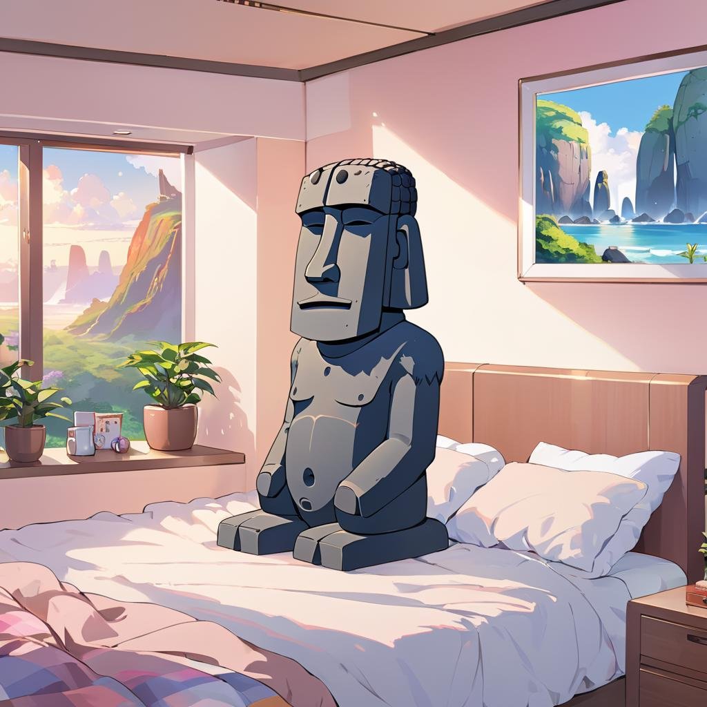 masterpiece, kawaii, anime, moe, pixiv, aesthetic, extremely beautiful, (moai:1.5) on bed, bedroom, best quality, extremely high quality, high quality, ultra quality