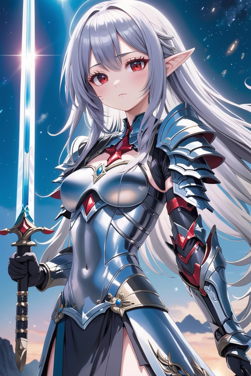 masterpiece, kawaii, anime, moe, aesthetic, extremely beautiful,1girl, solo, standing, (holding sword:1.5), front view, looking at viewer, from below, close up,silver hair, straight hair, long hair, blunt bangs, red eyes, determined, serious,large breasts, holy knight, armor dress,scenery, mountain, fantasy, midnight, night sky, sparkles, light particles, glowing light, bloom, ambient occlusion,best quality, extremely high quality, high quality, ultra quality