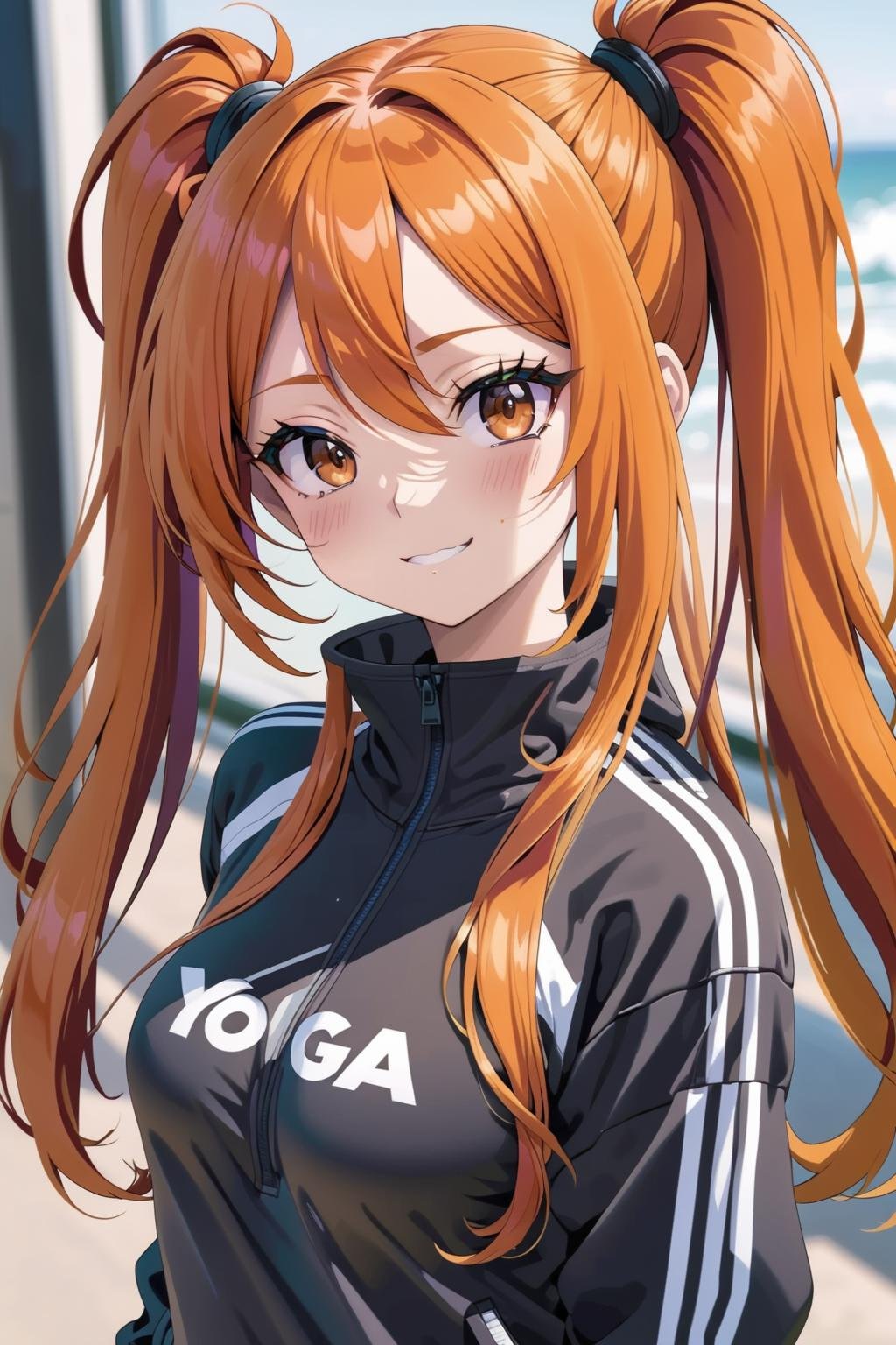 anime, 1girl, solo, orange hair, very long hair, messy hair, split ponytail, hair over eyes, ahoge, brown eyes, grin, pullover, track jacket, yoga