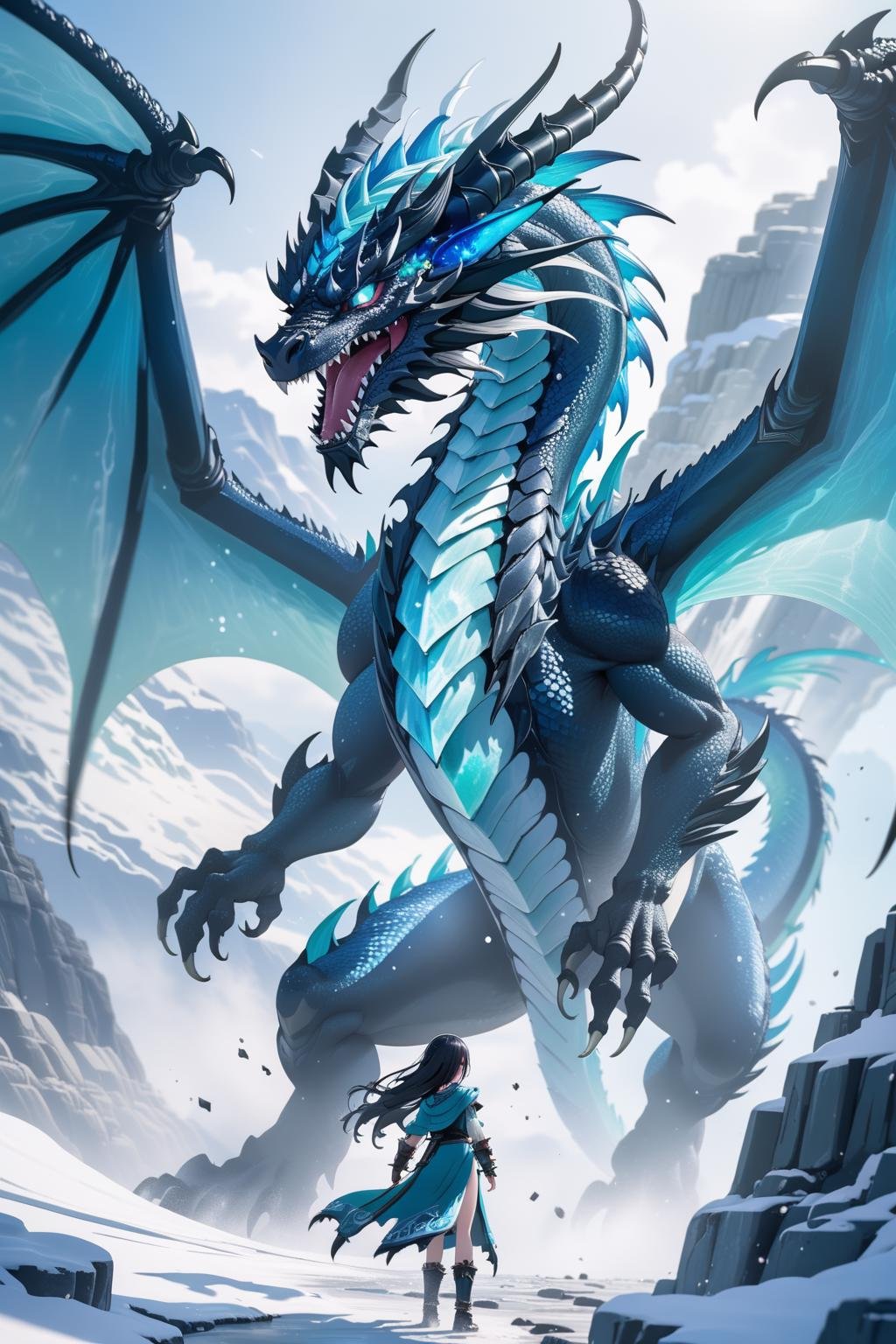 ancient ice dragon with girl in snow mountain, dragon wings, particles, snow, diamond dust, ice