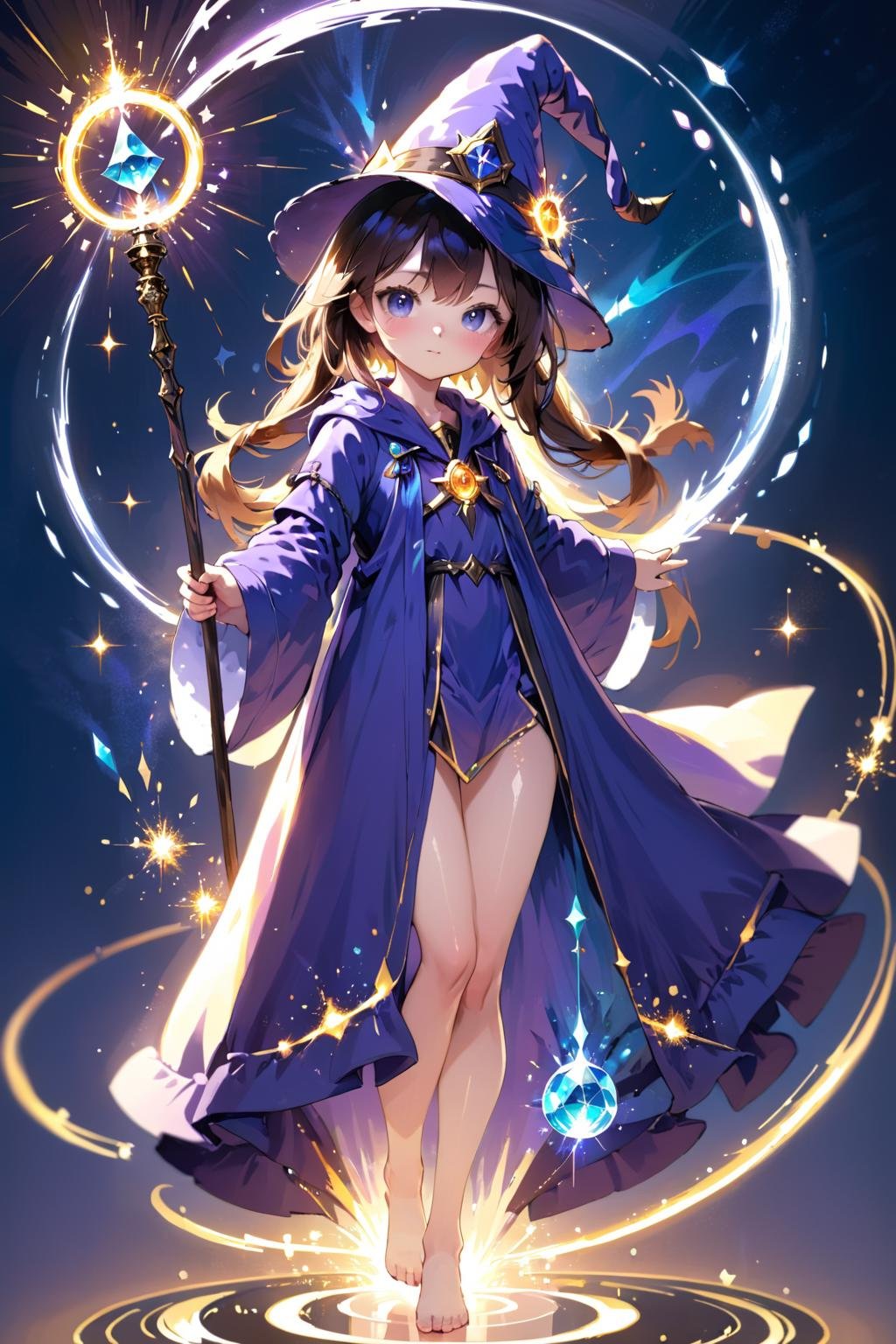 anime, 1girl, solo, wizard hat, robe, holding staff, on magic circle, sparkles, light particles, crystal, prism, glowing light