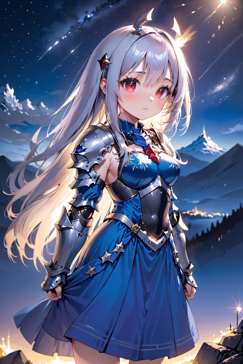 1girl, solo, standing, looking at viewer, silver hair, straight hair, long hair, blunt bangs, red eyes, determined, serious,large breasts, holy knight, armor dress,scenery, mountain, fantasy, midnight, night sky, sparkles, light particles, glowing light, bloom, ambient occlusion