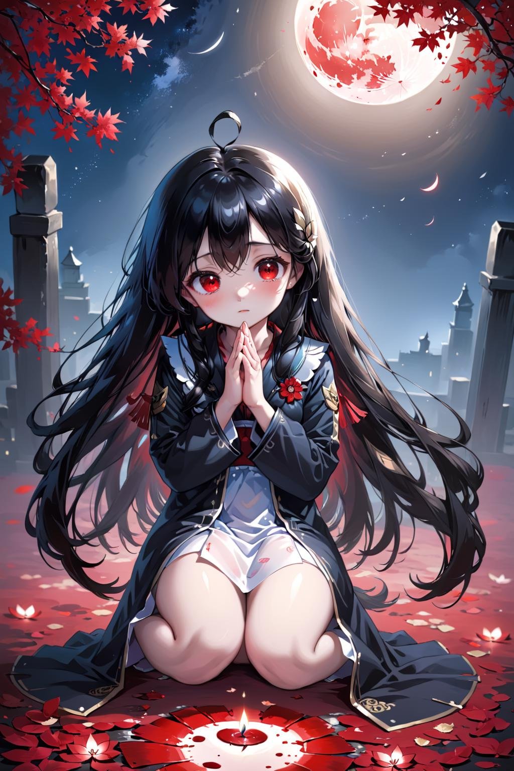 anime, girl, red eyes, black hair, long hair, praying, sitting, petals, fallen leaves, midnight, moonlight, blood moon