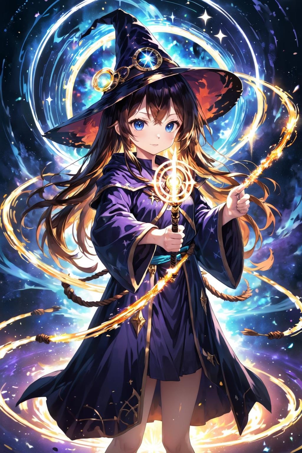 anime, 1girl, solo, wizard hat, robe, holding staff, on magic circle, light particles, glowing light