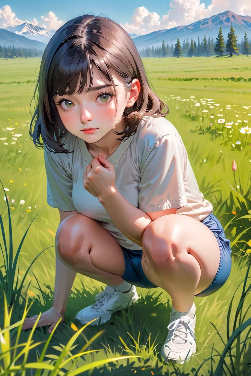 girl squatting in grass field