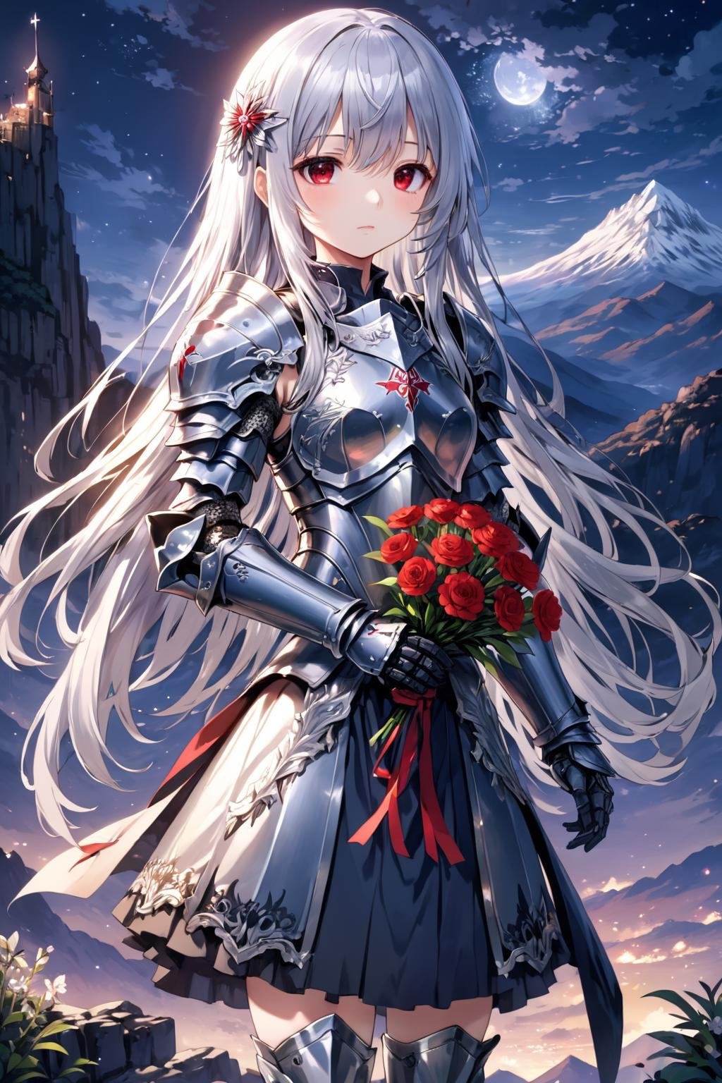 masterpiece, kawaii, anime, moe, aesthetic, extremely beautiful,1girl, solo, standing, holding bouquet, front view, looking at viewer, from below, close up,silver hair, straight hair, long hair, blunt bangs, red eyes, determined, serious,holy knight, armor dress,scenery, mountain, fantasy, midnight