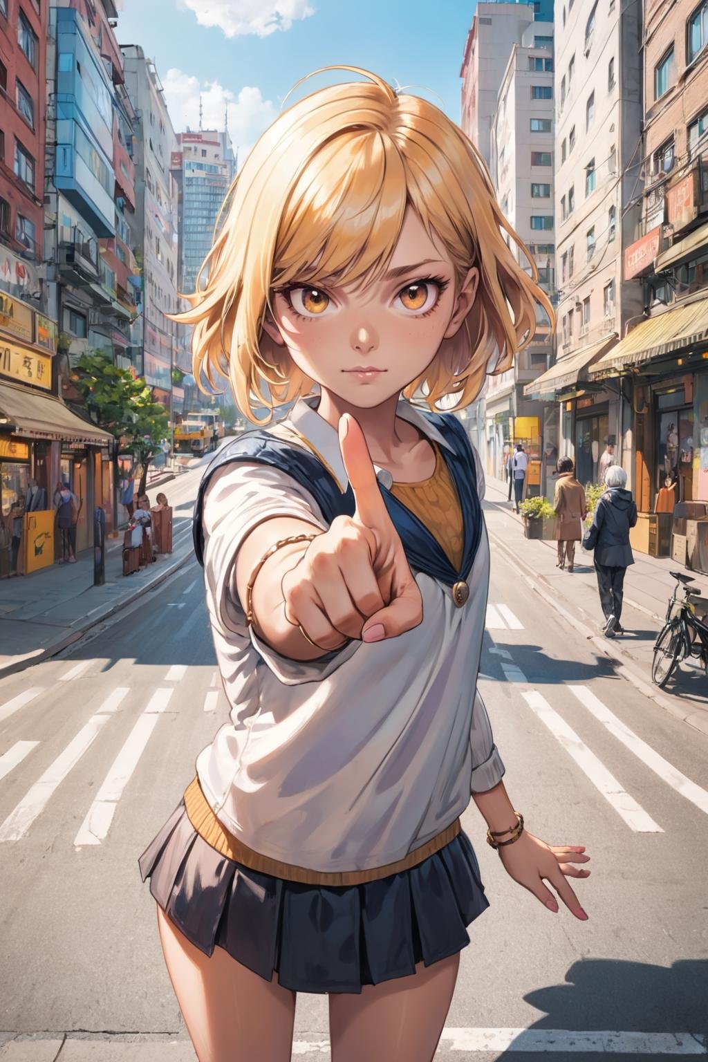 girl pointing at viewer in city