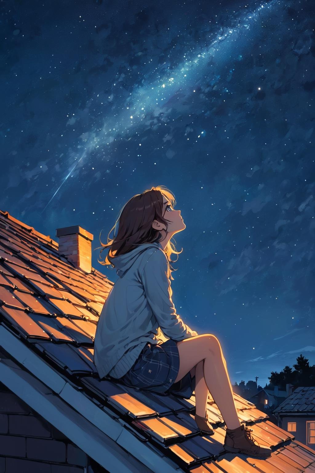 girl sitting on roof under the starry sky looking up at the sky, profile