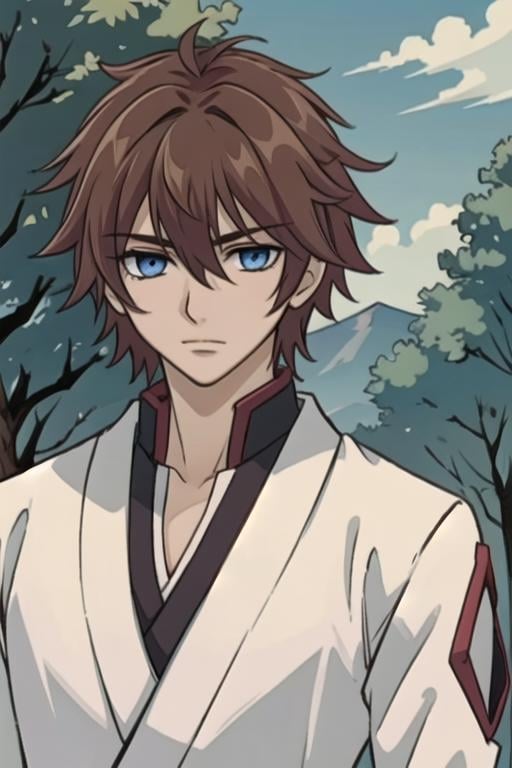 masterpiece, best quality, wallpaper, 1boy, solo, male focus, looking at viewer, upper body, , , , <lora:senri_shiki:0.68>, senri_shiki, brown hair, blue eyes, timber costume, feudal japan,