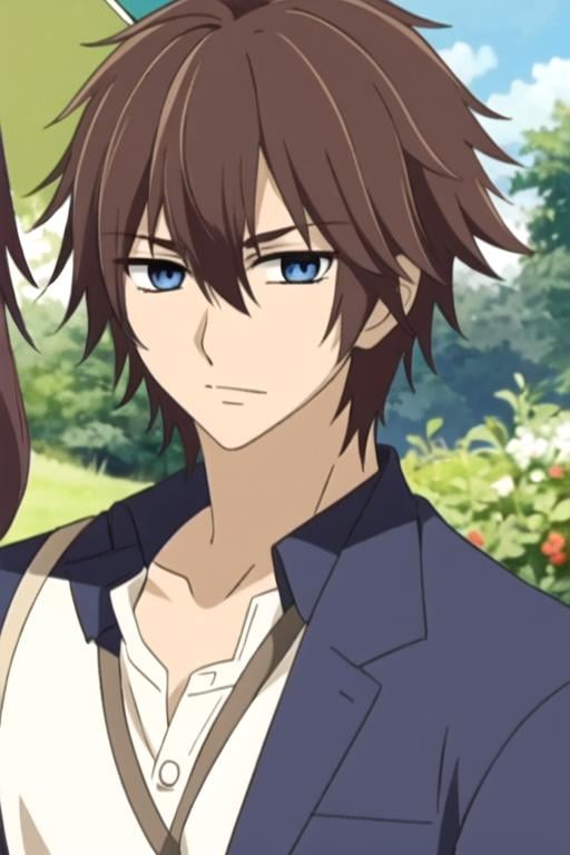 masterpiece, best quality, illustration, 1boy, solo, male focus, looking at viewer, , , , , <lora:senri_shiki:0.74>, senri_shiki, brown hair, blue eyes