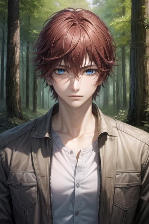 masterpiece, best quality, photorealistic, 1boy, solo, male focus, looking at viewer, , , ligne claire, , <lora:senri_shiki:0.72>, senri_shiki, brown hair, blue eyes, , The Forest of Mirrors: A place where reality is distorted and nothing is as it seems, 16k resolution