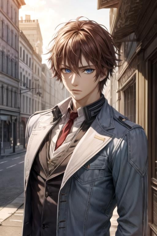 masterpiece, best quality, photorealistic, 1boy, solo, male focus, looking at viewer, upper body, , ligne claire, , <lora:senri_shiki:0.66>, senri_shiki, brown hair, blue eyes, , dieselpunk, 32k resolution