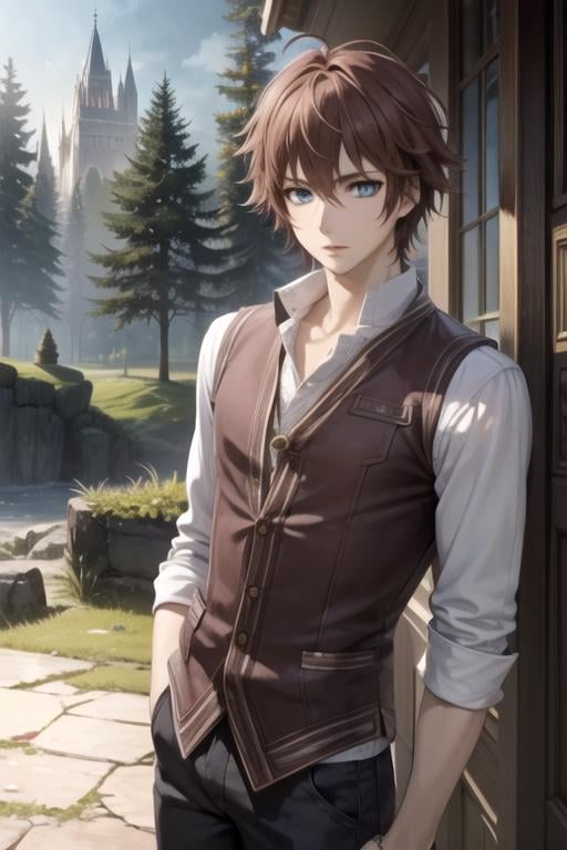 masterpiece, best quality, game cg, 1boy, solo, male focus, looking at viewer, , depth of field, , , <lora:senri_shiki:0.66>, senri_shiki, brown hair, blue eyes, , Narnia: A land of talking animals and magical creatures, ruled by Aslan the lion, HD-DVD