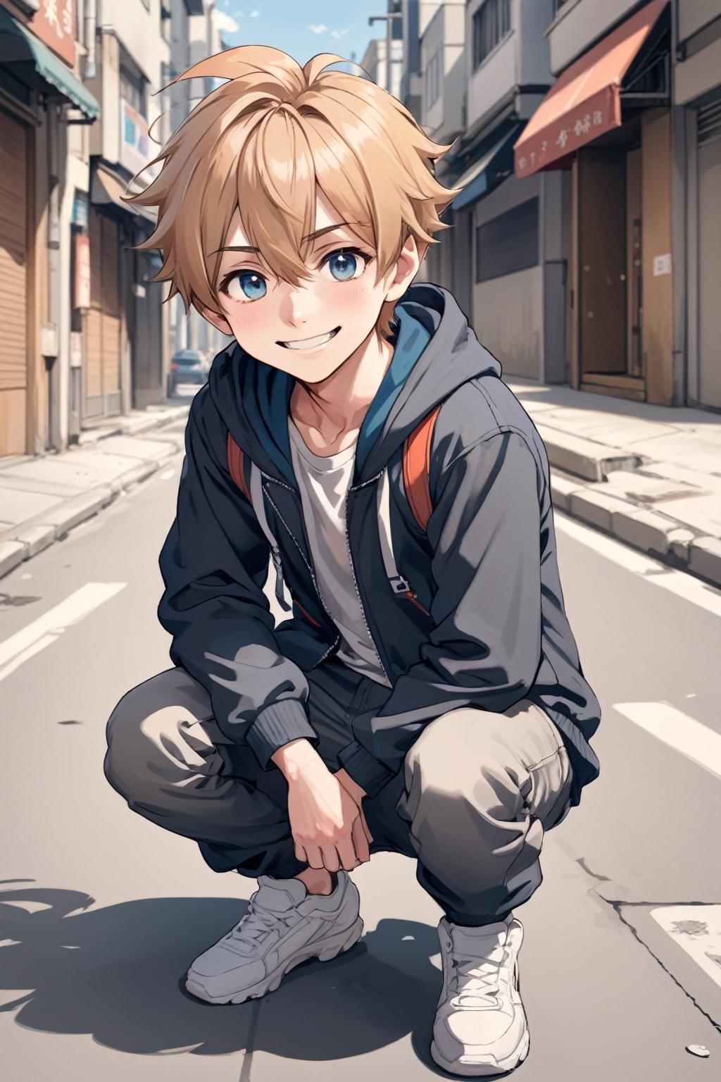 cute anime boy squatting on street with mischievous smile