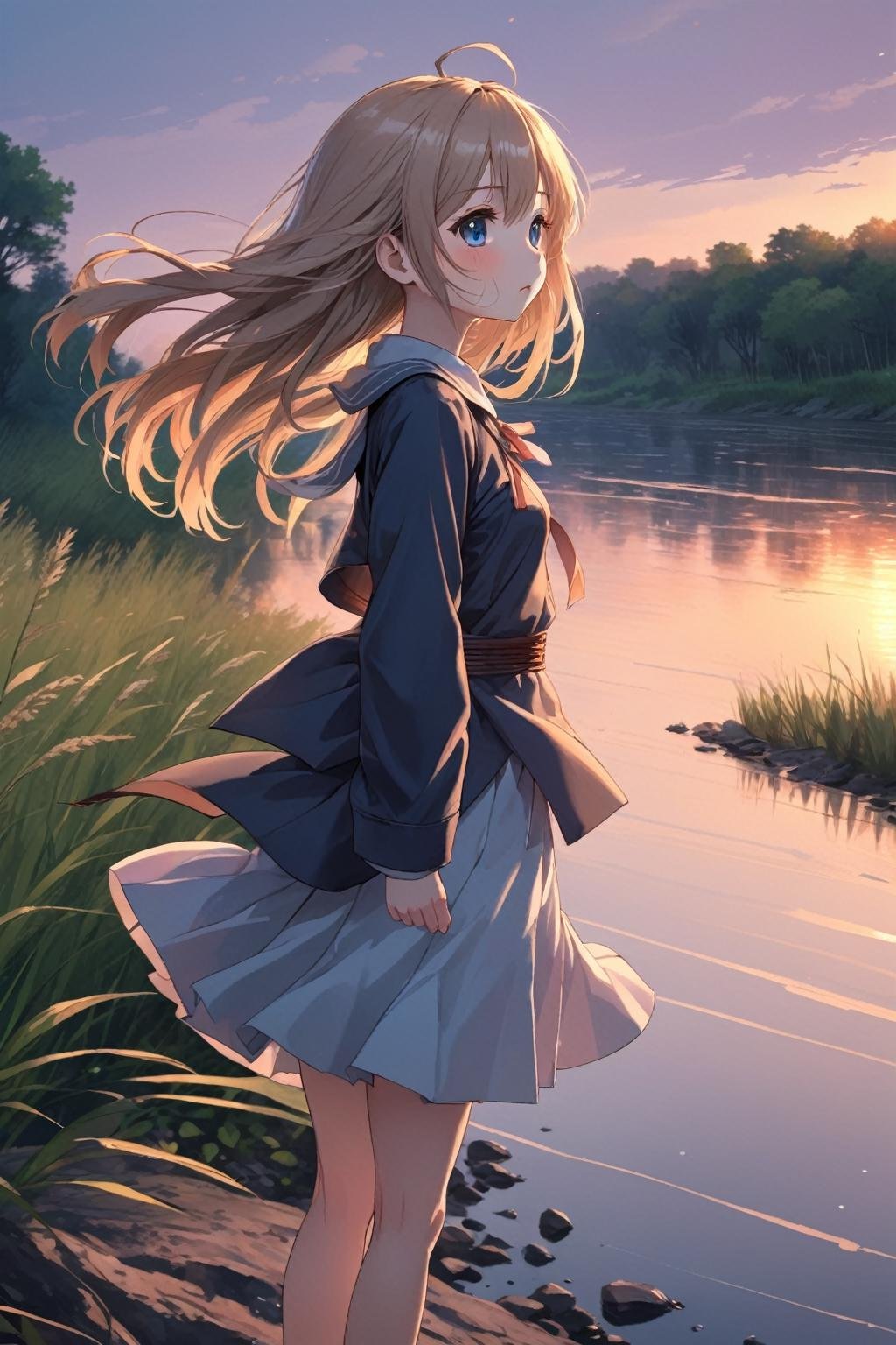 anime girl feeling the wind on the riverbank at dusk