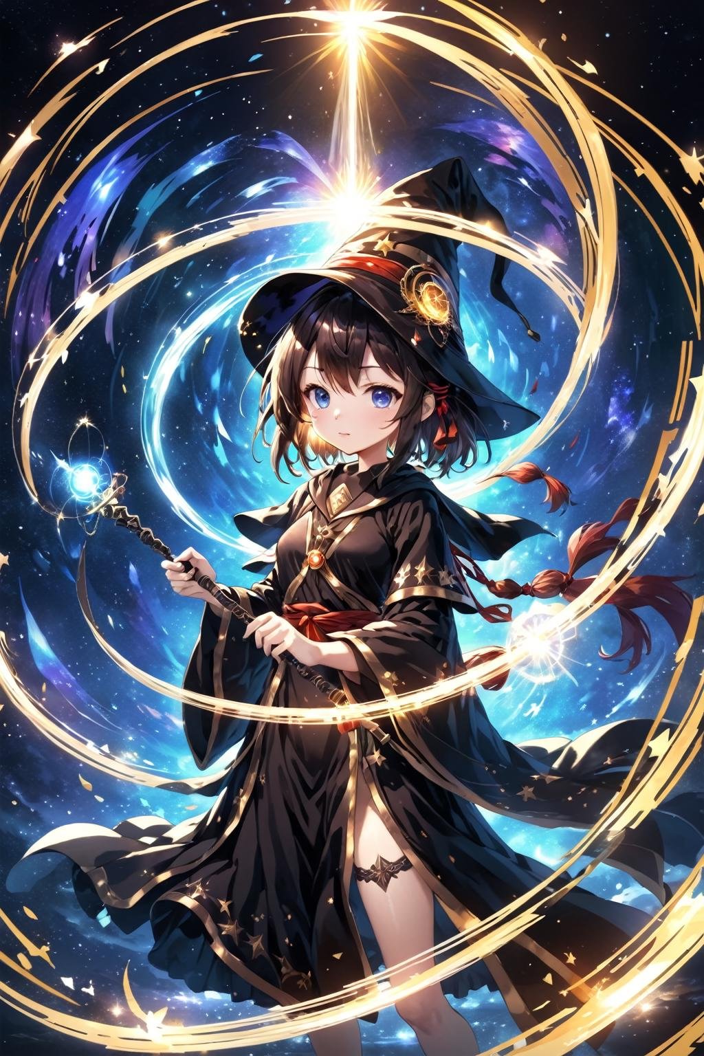 anime, 1girl, solo, wizard hat, robe, holding staff, on magic circle, light particles, glowing light