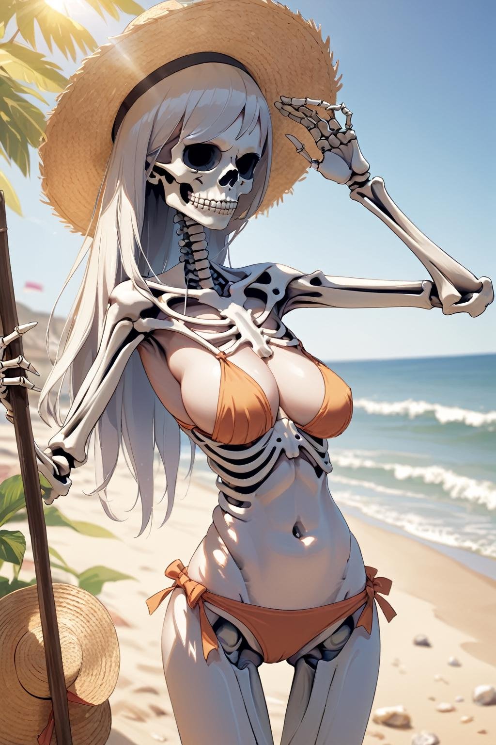 (Skelton:1.5) wearing (bikini:0.8), beach, sunlight, straw hat, arm up