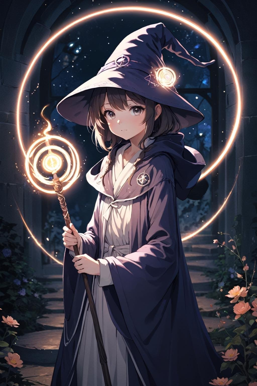 anime, 1girl, solo, wizard hat, robe, holding staff, glowing light, magic circle on behind, midnight, bloom, ambient occlusion