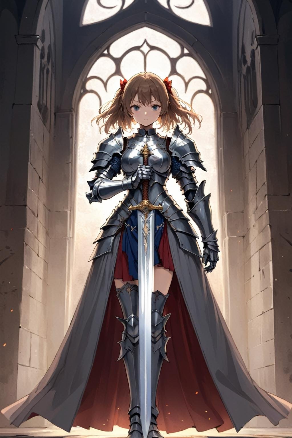 anime, 1girl, solo, standing, holding sword, holy knight, armor dress, fantasy