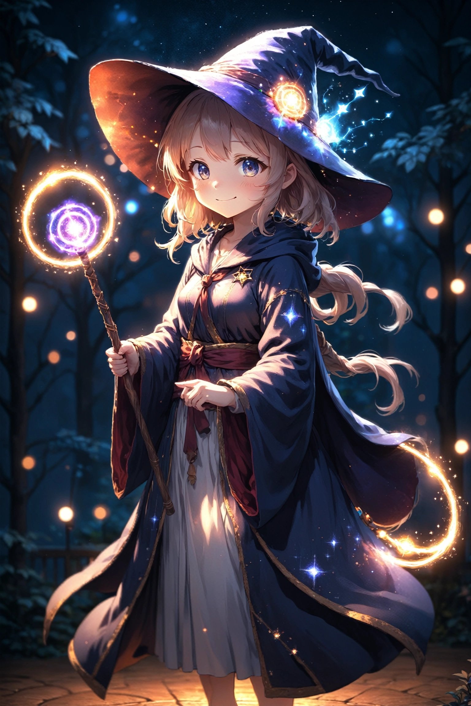 anime, 1girl, solo, wizard hat, robe, holding staff, happy, magic circle, midnight, bloom, ambient occlusion, glowing lights, light particles, bokeh