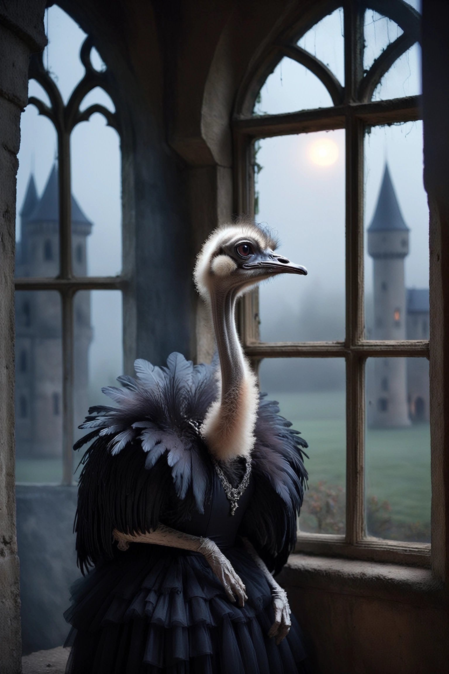 gothic ostrich wearing frilled dress, expressionless, midnight, in castle, window, scenery, fog, mist, full moon, Bokeh, depth of field