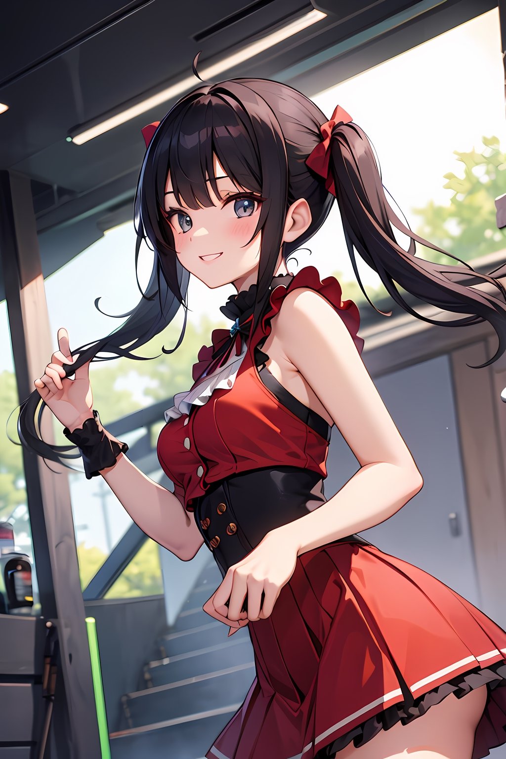 (absurdres, highres, ultra detailed, high resolution: 1.1)
BREAK
1 girl, solo, medium breasts, young, slim, smile,
BREAK
long hair, twintails,
BREAK
idol costume, frilled, skirt,
BREAK
on stage, dancing,
BREAK
nice hands,  perfect hands,