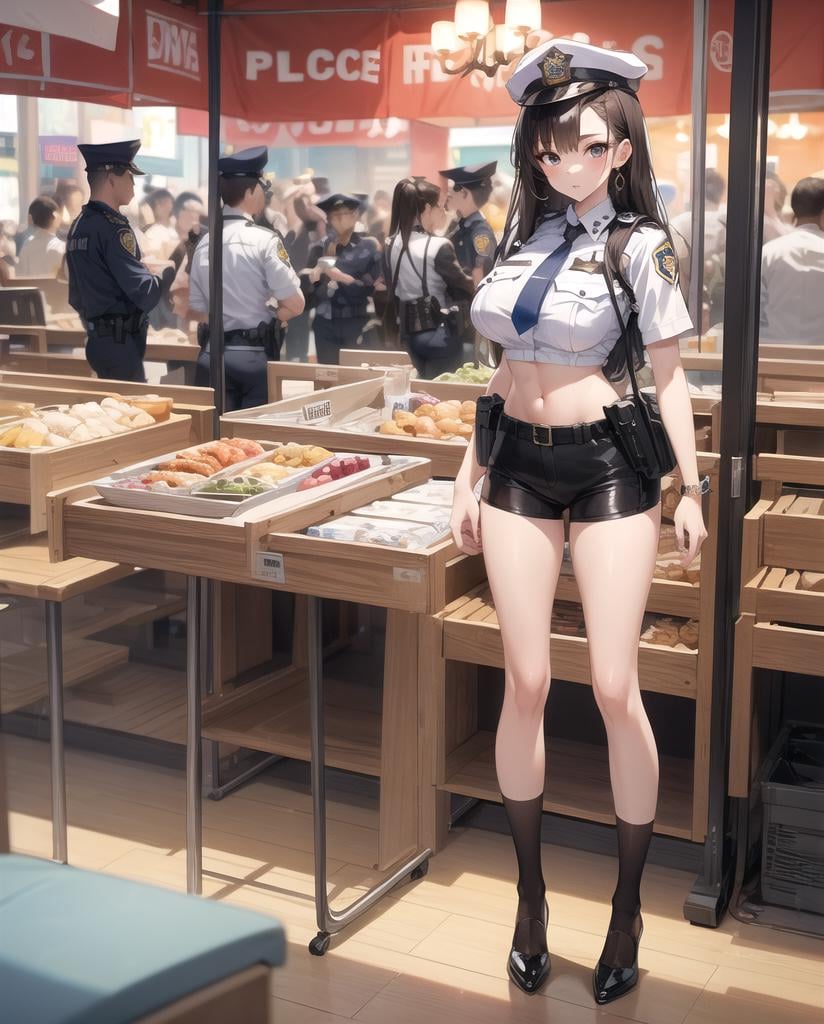 ((best quality)), (real), (masterpiece), 1girl, full body, large breasts,temptation,aoa,midriff,Big long legs,see-through,police uniform