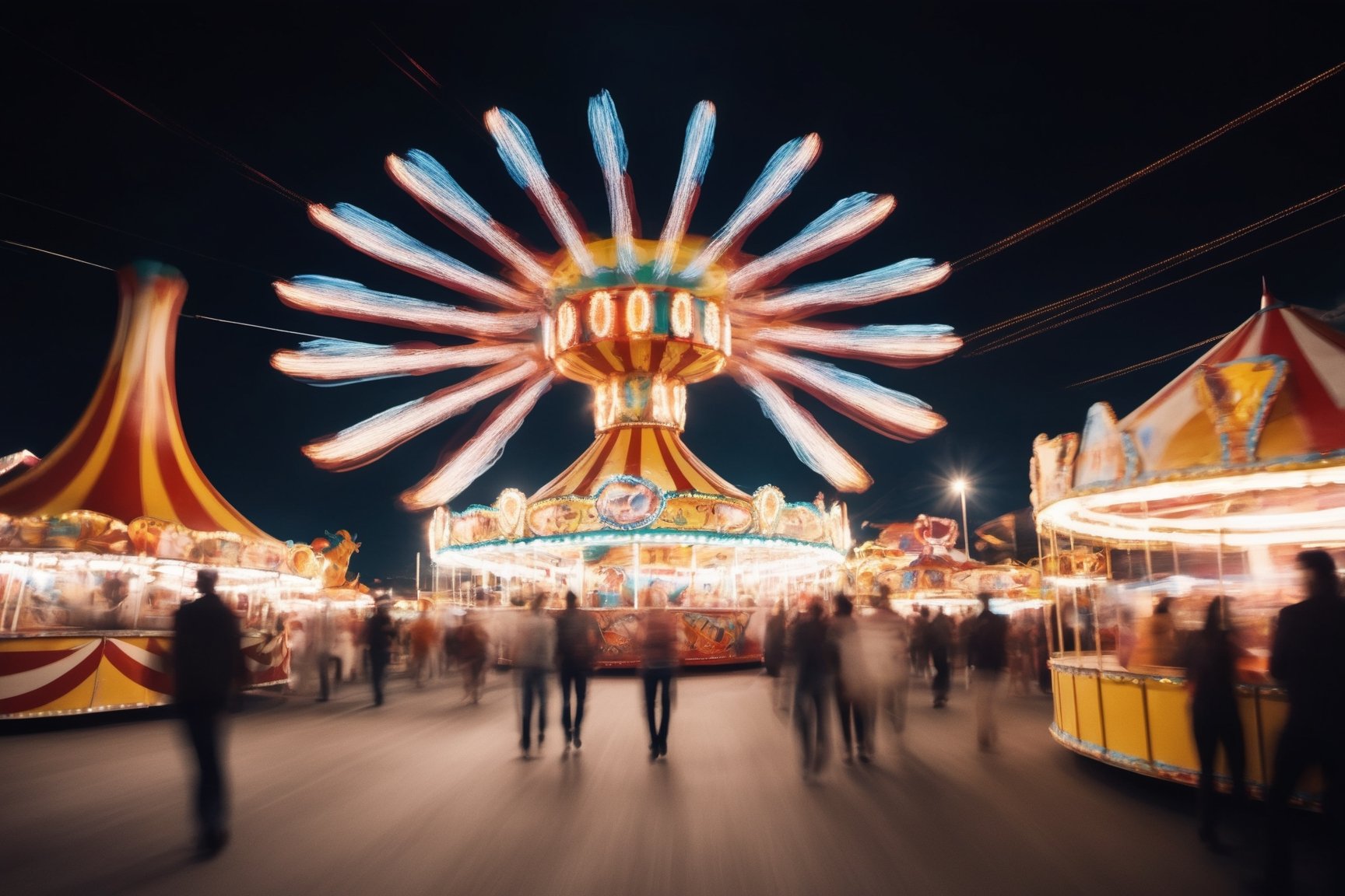 long exposure photo of a carnival at night. Blurred motion, streaks of light, surreal, dreamy, ghosting effect, highly detailed