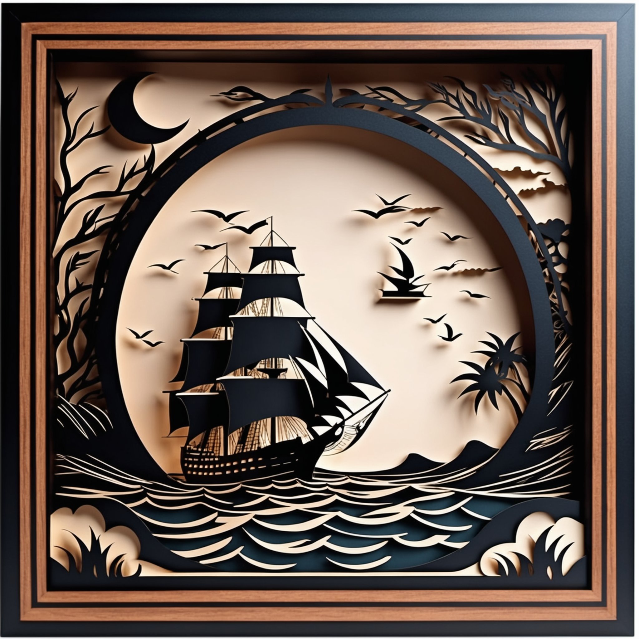 3D papercut shadow box (antique wooden frame) of ship sailing the high seas. layered, dimensional, depth, silhouette, shadow, papercut, handmade, high contrast 