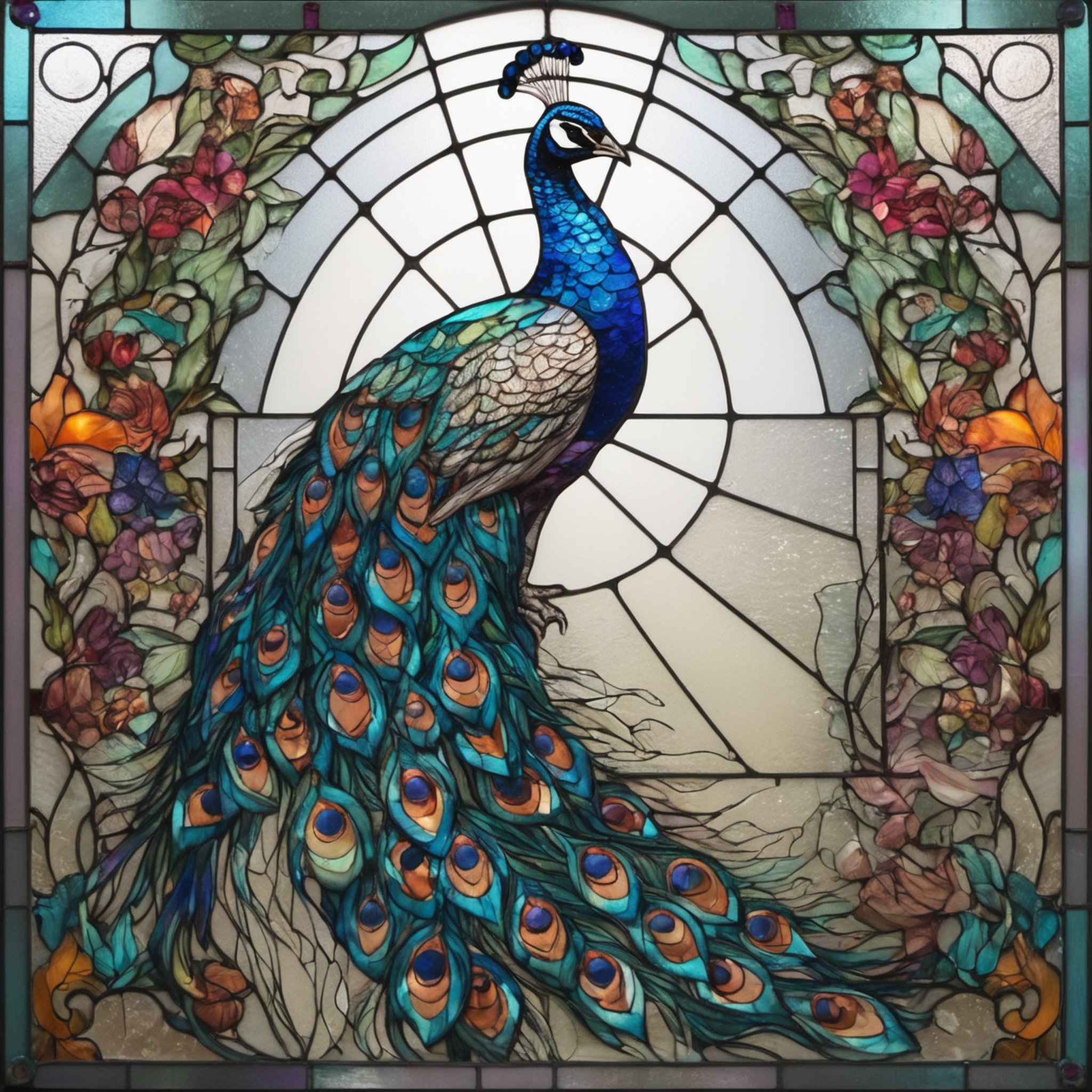 stained glass style peacock. vibrant, beautiful, translucent, intricate, detailed 