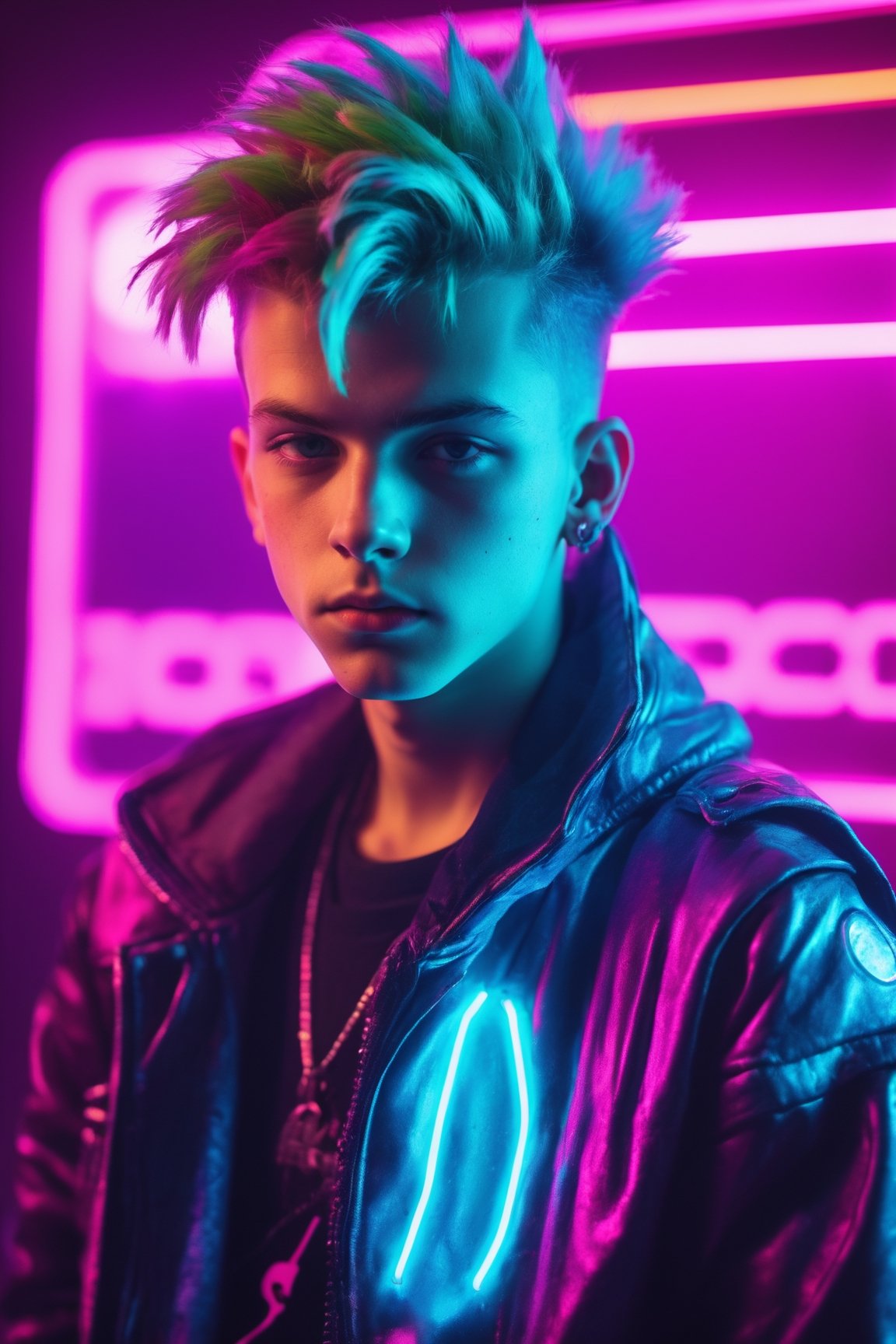 retro cyberpunk photograph of a teenage punk boy. 80's inspired, synthwave, neon, vibrant, detailed, retro futurism