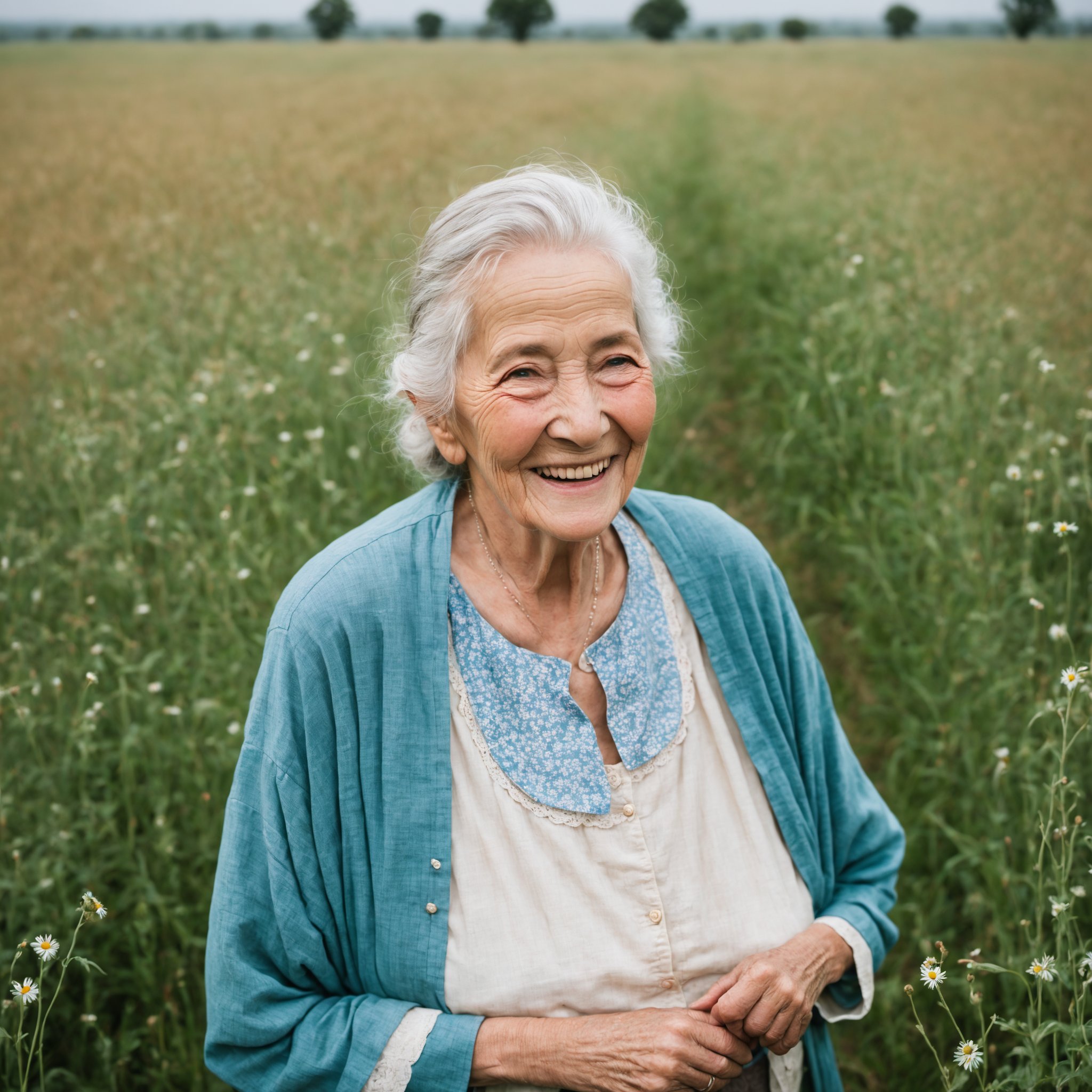 photograph of a happy old woman standing in a field, <lora:EMS-27821-EMS:0.800000> 