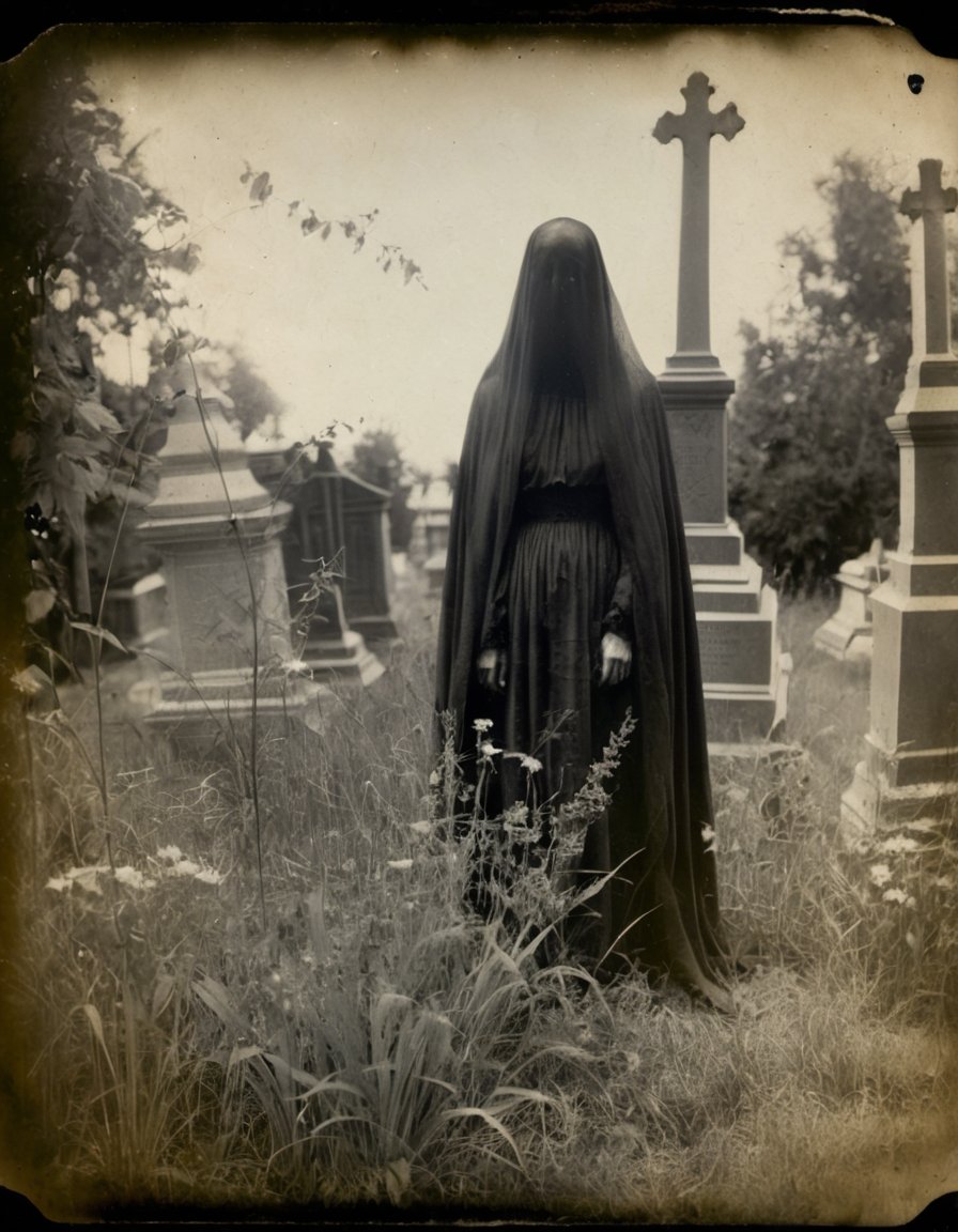 tintype photograph of a shrouded figure, black veil, , standing in a cemetery, overgrown with tall grass and flowers,  desaturated, distressed image