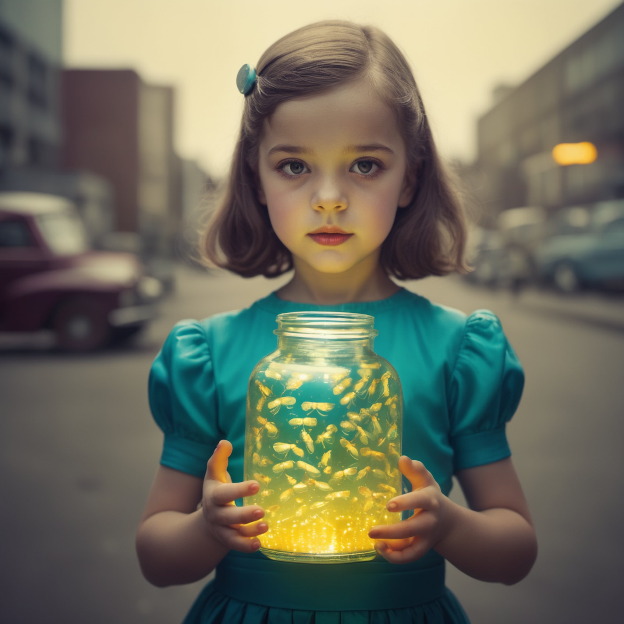 retro-futuristic photograph of a little girl holding a jar of fireflies. vintage sci-fi, 50s and 60s style, atomic age, vibrant, highly detailed 