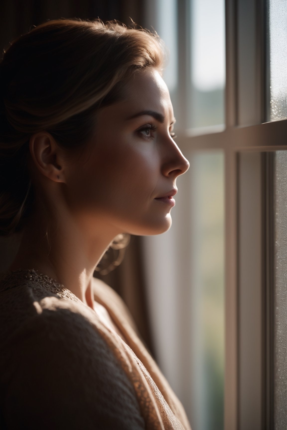 cinematic still of  a woman looking out a window, emotional, harmonious, vignette, highly detailed, high budget, bokeh, cinemascope, moody, epic, gorgeous, film grain, grainy