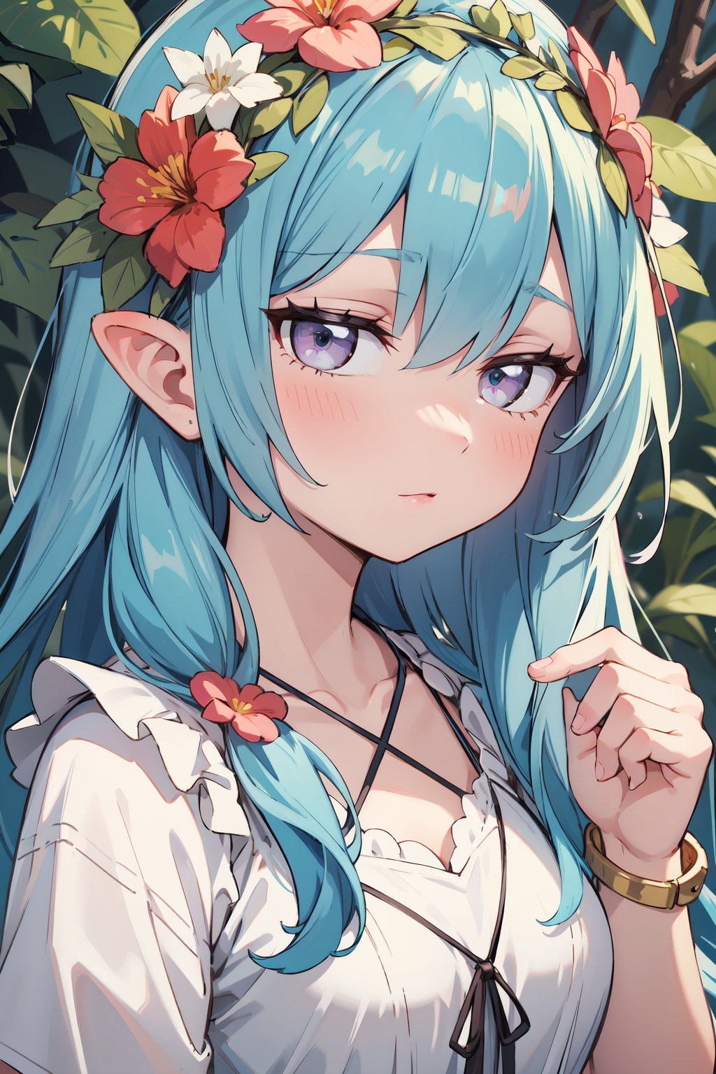 absurdres, highres, ultra detailed, (1girl:1.3), portrait, close-up,BREAK, woodland nymph tunic, floral wreath, barefoot sandals