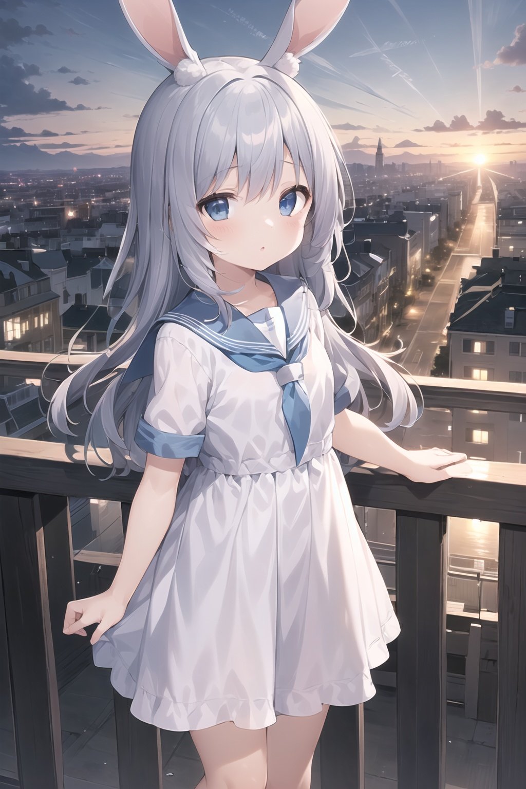 1girl,<lora:rabbit_girl_v1:0.6>,rabbit ears,solo,long hair,looking at viewer,blue eyes,dress,short sleeves,grey hair,outdoors,sky,cloud,sailor collar,white dress,building,sailor dress,sunset,railing,cityscape,balcony,