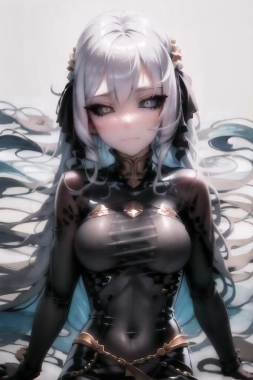 masterpiece, best quality, 1girl, black sclera, blue eyes, white hair, closed mouth, looking at viewer, uniform, short hair, simple background, solo, upper body, dynamic pose <lora:black_sclera:1>