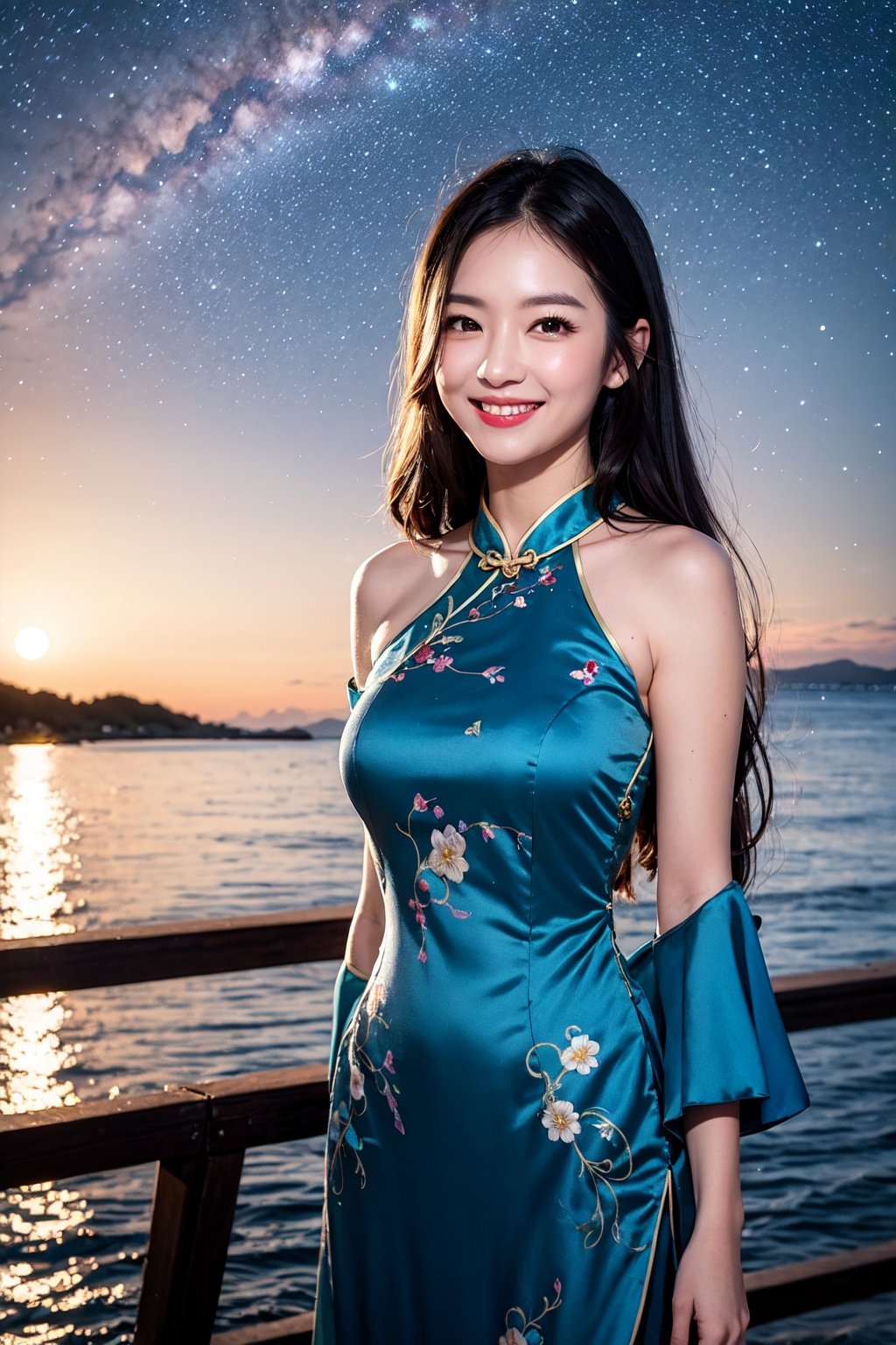 Wearing a cheongsam,  off the shoulder,  long haired and smiling beauty,  at night,  by the sea,  starry sky,  with delicate facial features