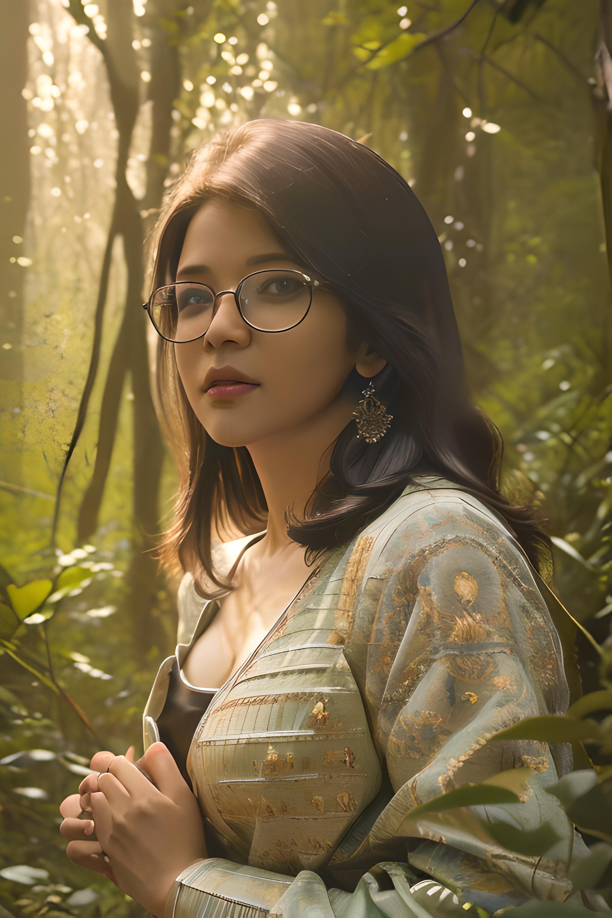 (best quality, masterpiece, detailed, realistic, photo-realistic, 35mm film, HDR, 4k,  sharp focus, 8mm film grain, Highres:1.3), full body, Indian, 1girl, focusing on camera, leaning, cleavage, detailed masculine, realistic body, detailed eyes, detailed face, ultra high details, masterpiece , perfect eyes,  outdoors, rubayetrehman, rubayet rehman,forest, light,  <lora:Rubayet Rehman:0.8> <lora:lightV1:1>