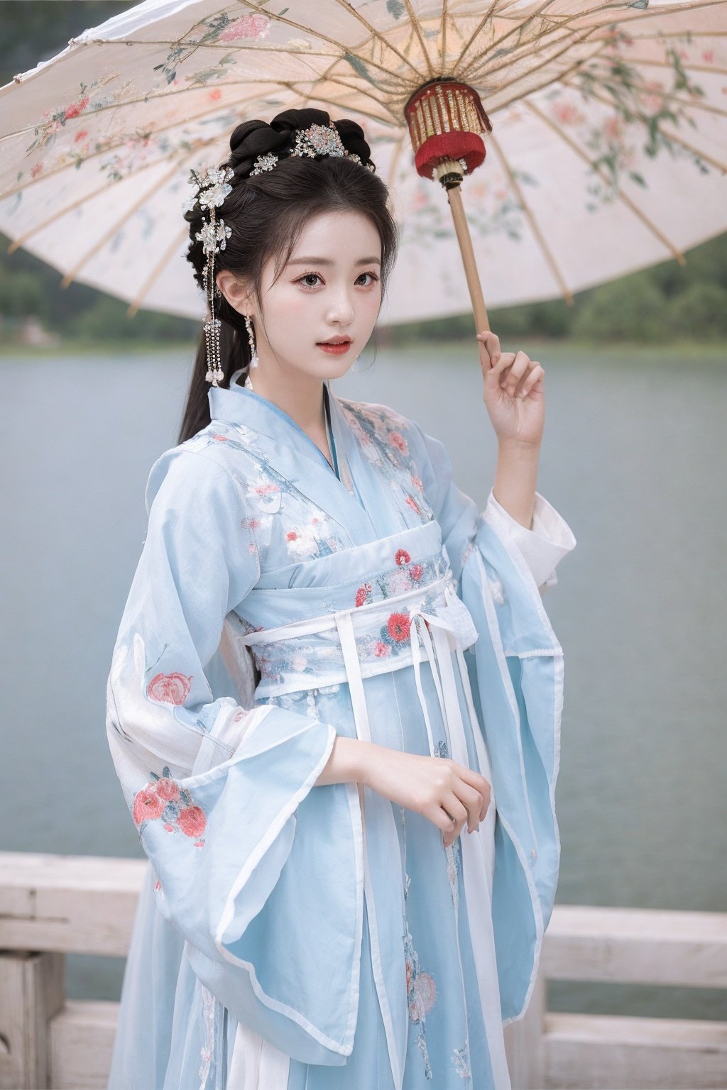 masterpiece,best quality,1girl,upper body,Hold an umbrella,tree,lake background,blue sky hanfu,embroidered flower patterns,traditional chinese clothing,Royal court <lora:arien_blue_dress_02:0.8>