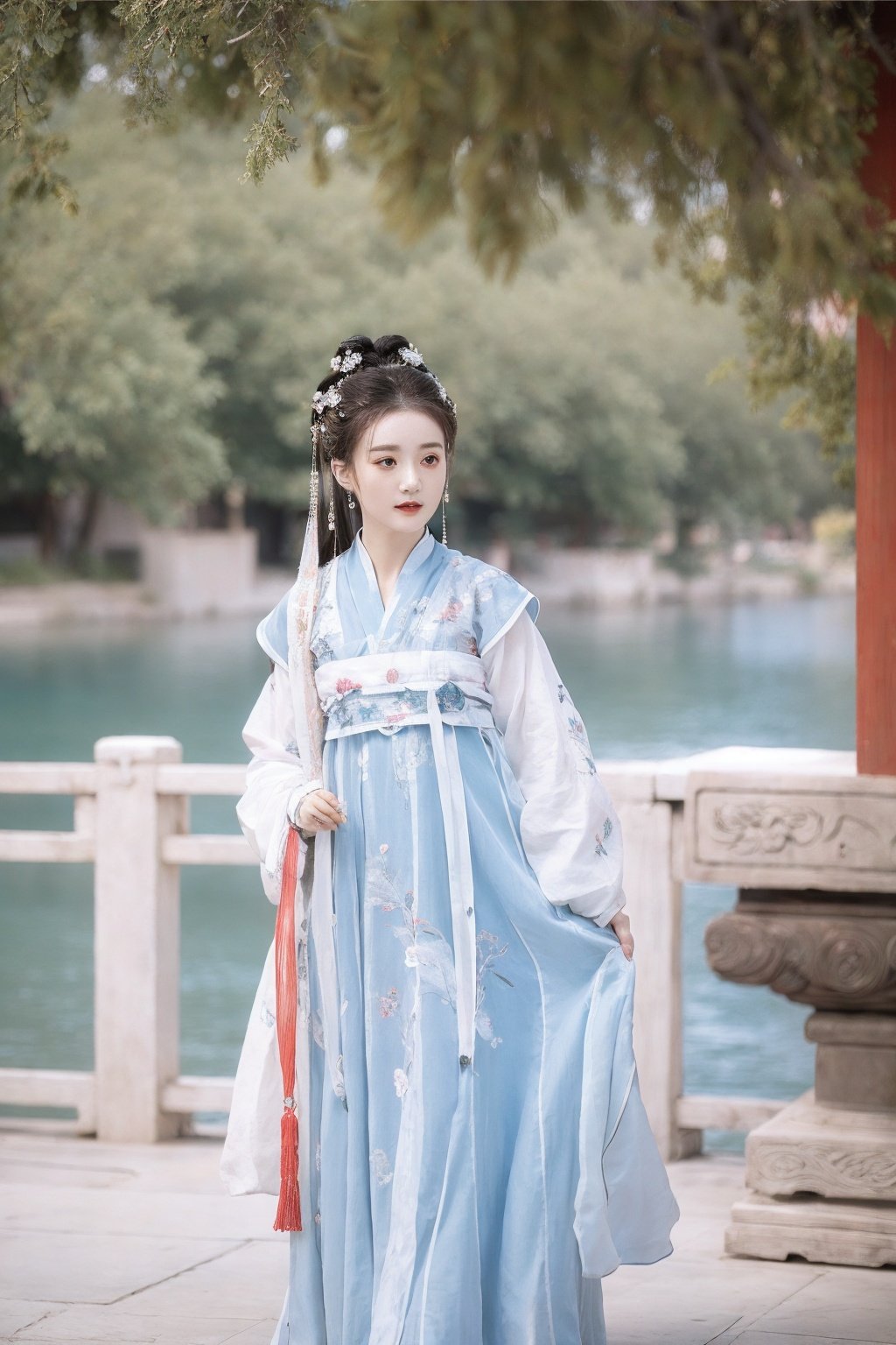 masterpiece,best quality,1girl,upper body,tree,lake background,blue sky hanfu,embroidered flower patterns,traditional chinese clothing,Royal court <lora:arien_blue_dress_02:0.8>