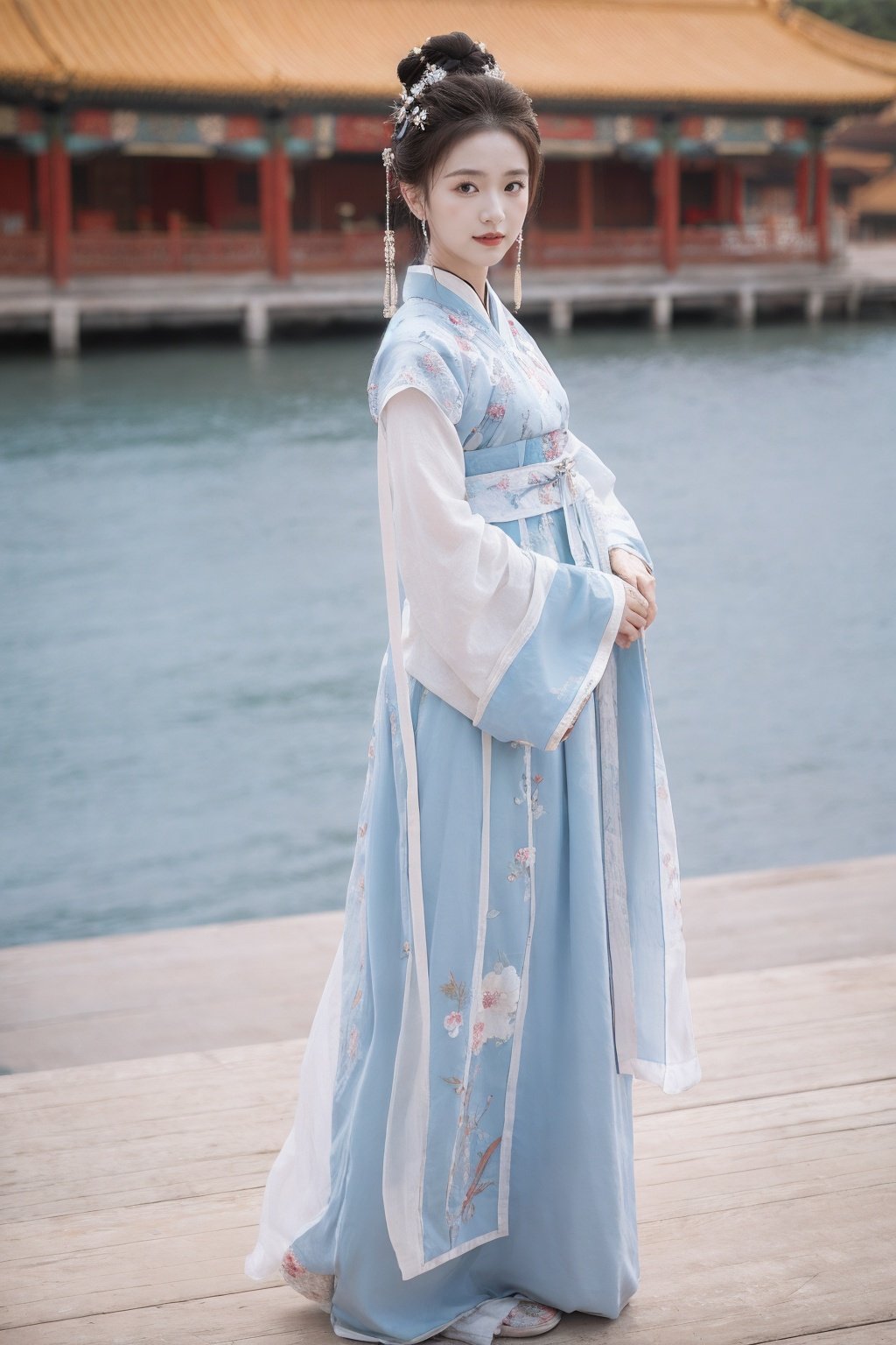 1girl,full body,tree,lake background,blue sky hanfu,embroidered flower patterns,traditional chinese clothing,Royal court <lora:arien_blue_dress_02:0.7>