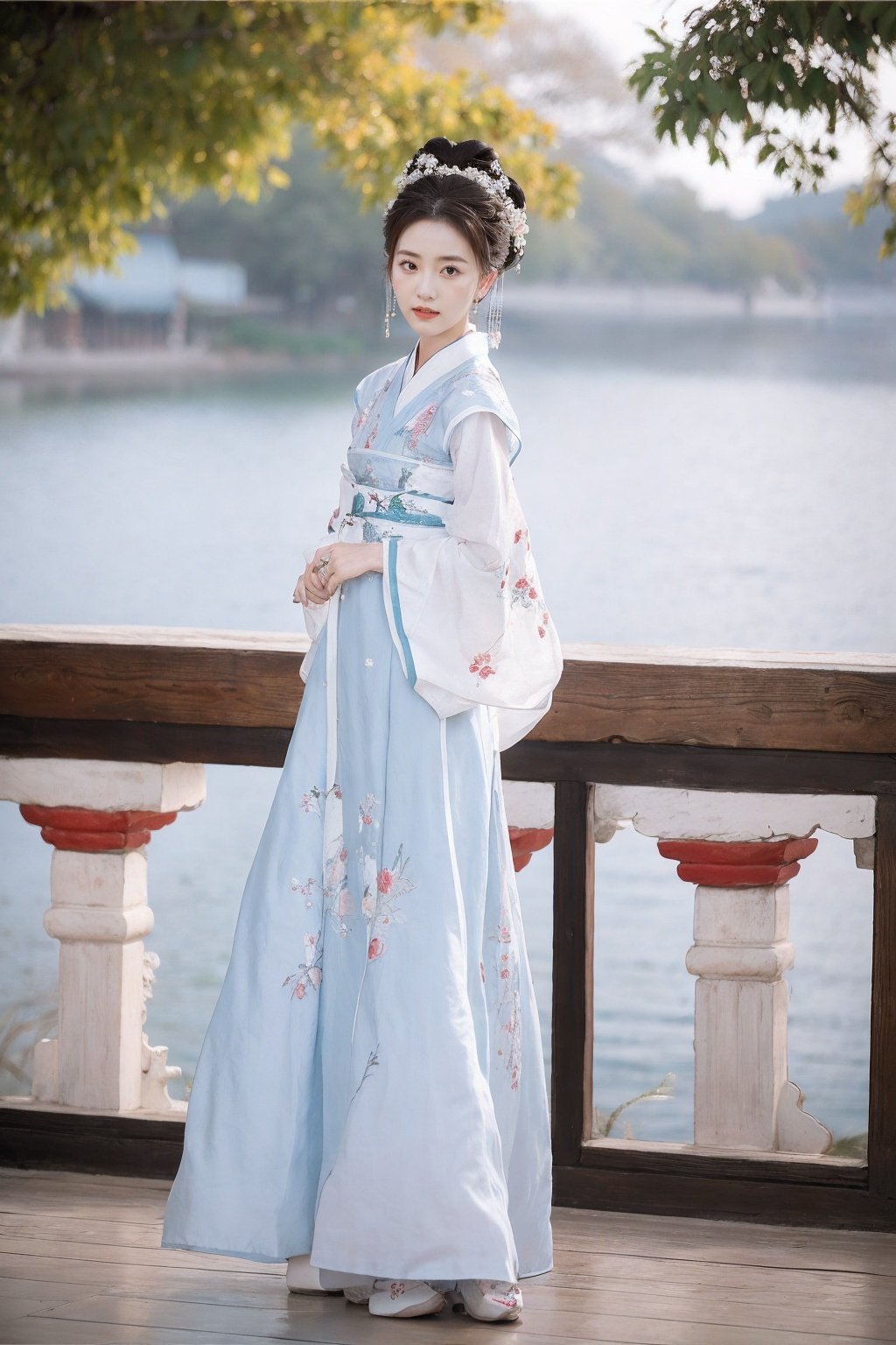 1girl,full body,tree,lake background,blue sky hanfu,embroidered flower patterns,traditional chinese clothing,Royal court <lora:arien_blue_dress_02:0.7>