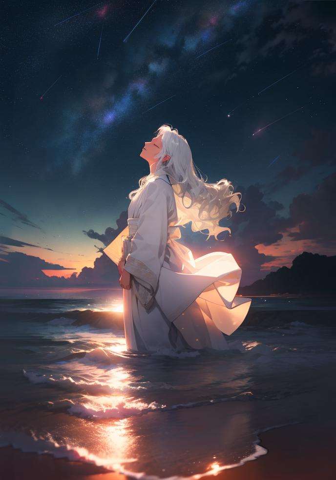 <lora:Nijicool:0.6>,niji,1girl, long hair, solo, white hair, closed eyes, sky, water, standing, very long hair, star (sky), from side, wading, profile, dress, wavy hair, robe, white dress, white robe, starry sky, outdoors, night, <lora:neg4all_bdsqlsz_V3.5:1>