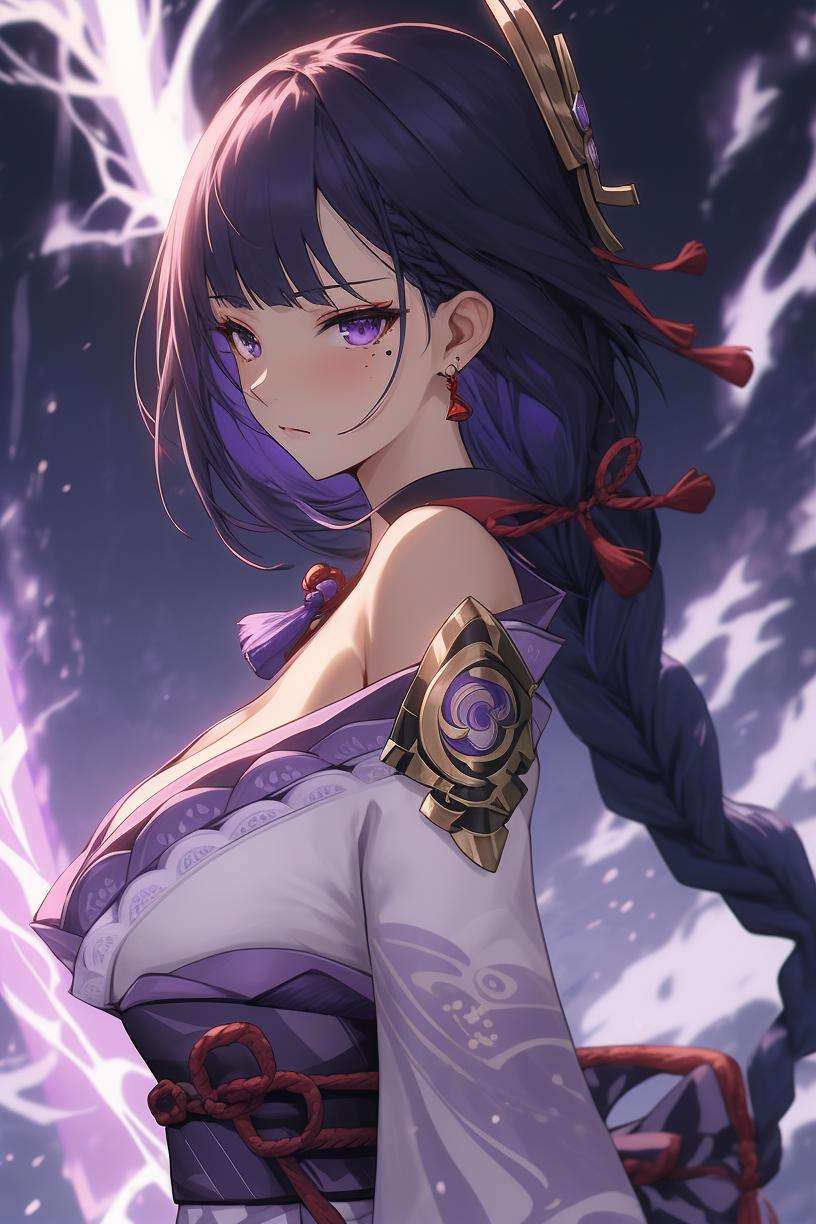 (masterpiece:1.2), best quality,pixiv, 1girl, solo, raiden shogun, purple eyes, long hair, japanese clothes, breasts, looking at viewer, braid, kimono, purple hair, sash, hair ornament, cleavage, bangs, jewelry, earrings, obi, purple lightning, mole, braided ponytail, purple kimono, vision (genshin impact), upper body, mole under eye, closed mouth, tassel, off shoulder, large breasts, shoulder armor, very long hair, long sleeves, red ribbon, ribbon, armor, from side <lora:Niji 动漫模型优化器_v3.0:1>