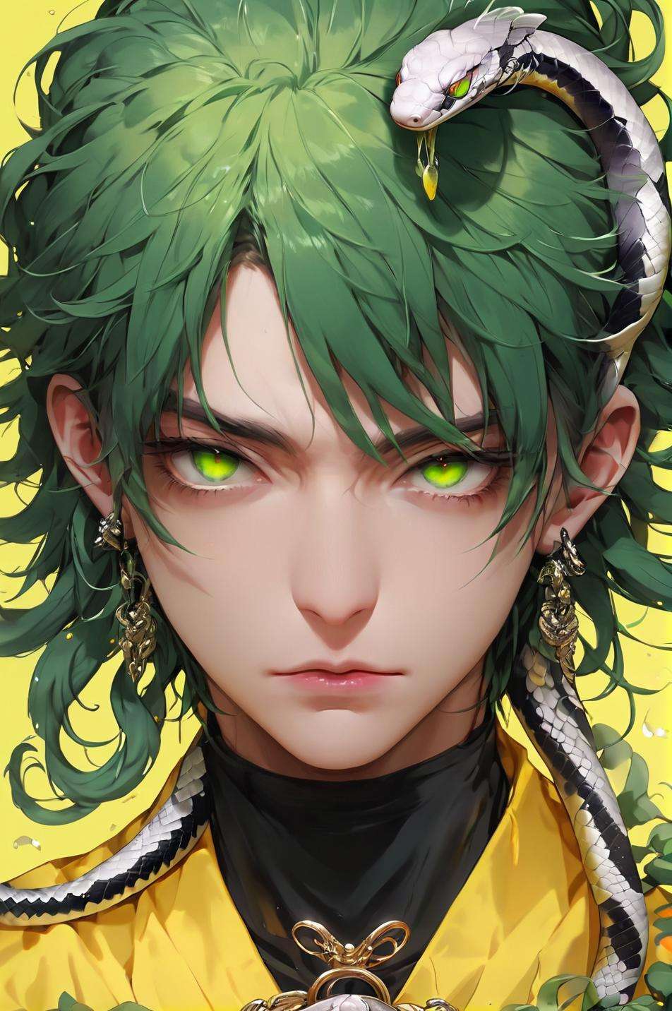 green_eyes, earrings, scales, forked_tongue, snake, green_background, male_focus, jewelry, white_snake, yellow_background, piercing, solo,XP,niji,<lora:20230916-1694850761309:0.9>,