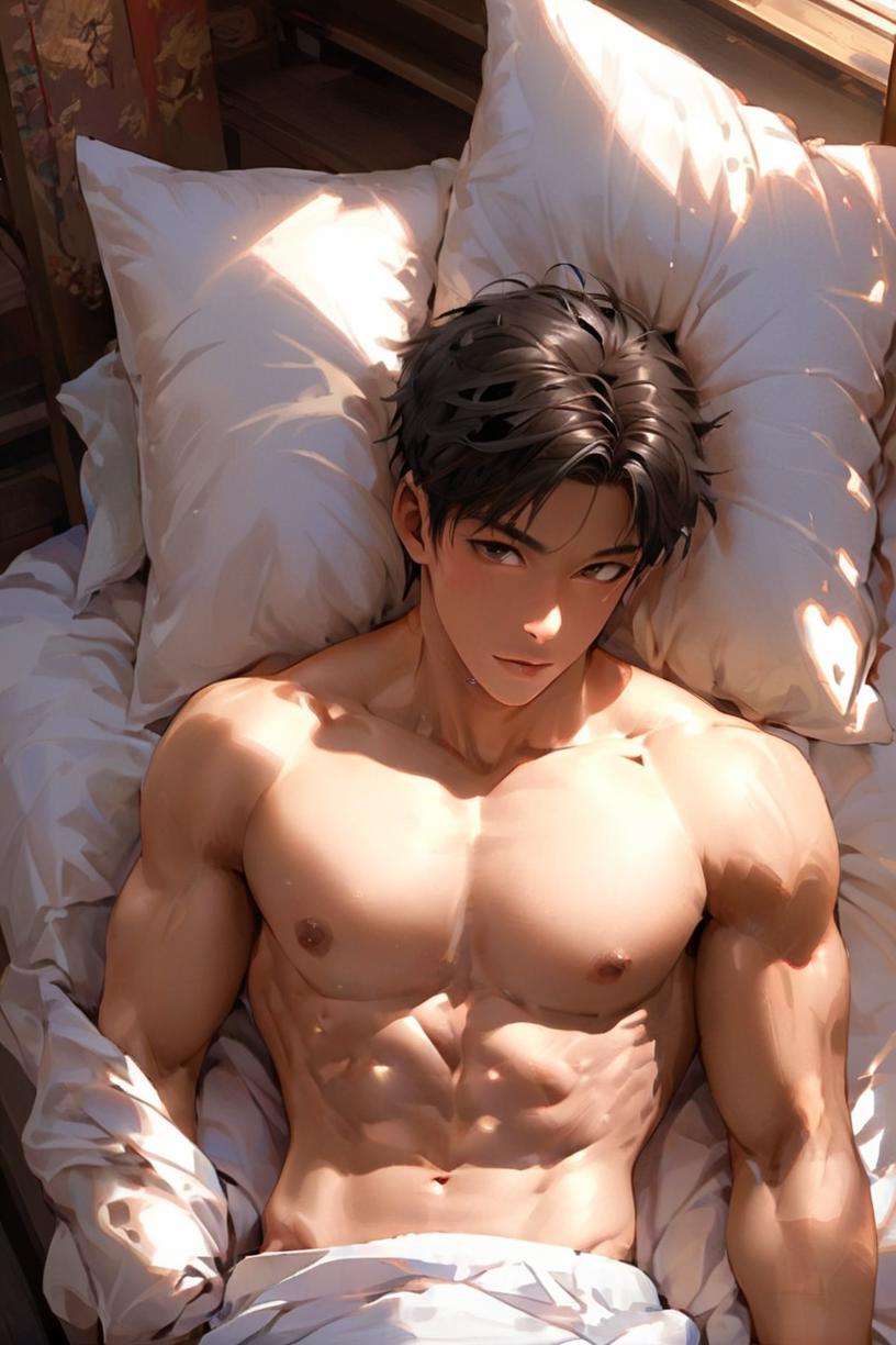 1boy,Nude,on the bed,look at you,abs,muscular,XP,niji,<lora:20230916-1694850761309:0.9>,