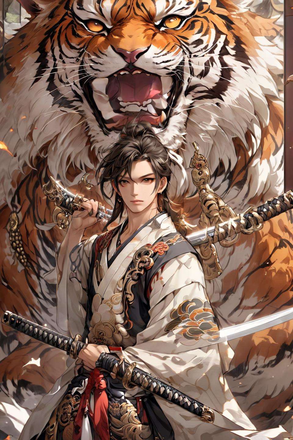 male_focus,solo,facial_hair,japanese_clothes,headband,weapon,1boy,sword,jewelry,earrings,muscular,tiger,XP,niji,<lora:20230916-1694850761309:1>,