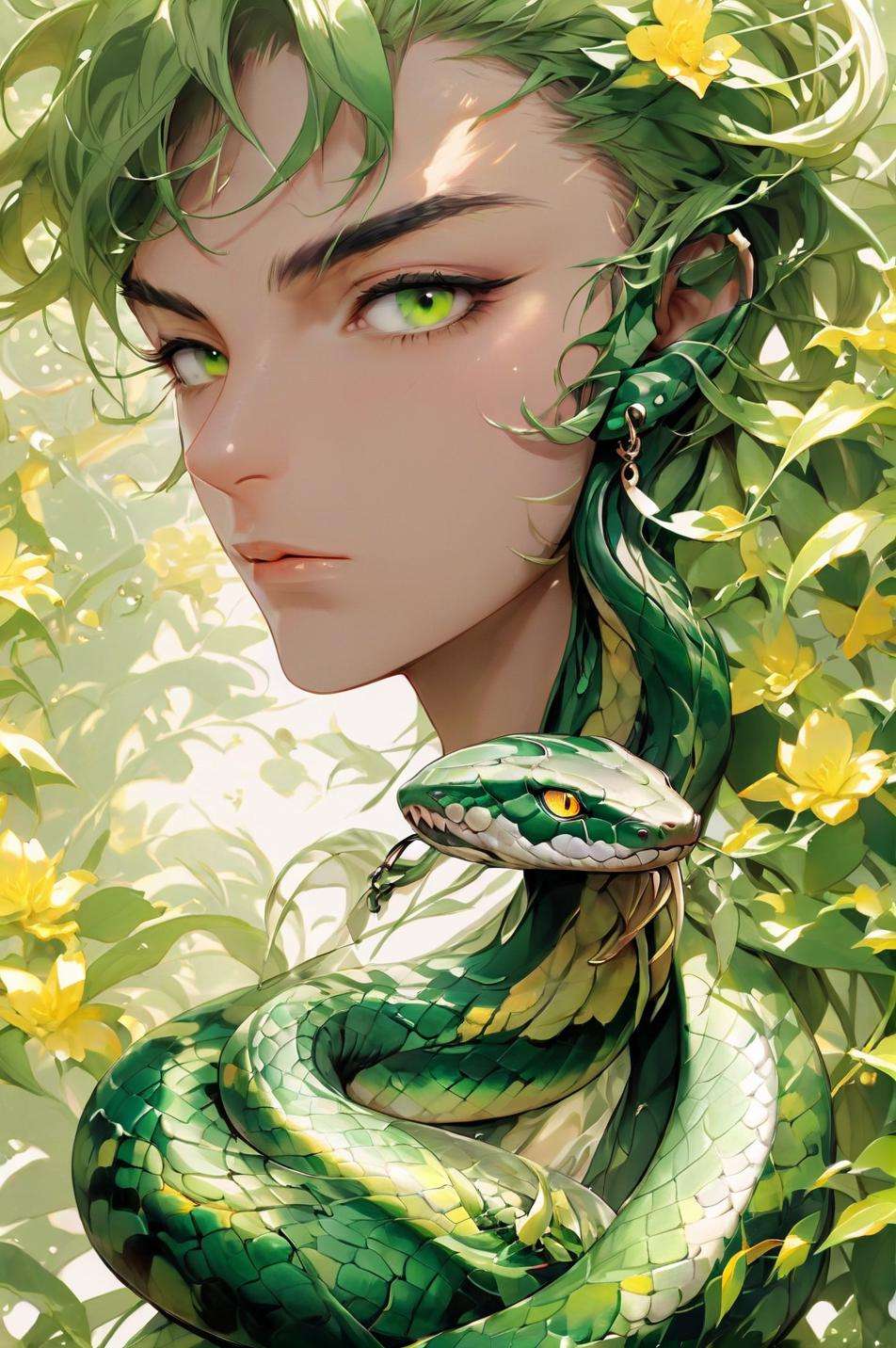 green_eyes, earrings, scales, forked_tongue, snake, green_background, male_focus, jewelry, white_snake, yellow_background, piercing, solo,XP,niji,<lora:20230916-1694850761309:0.9>,